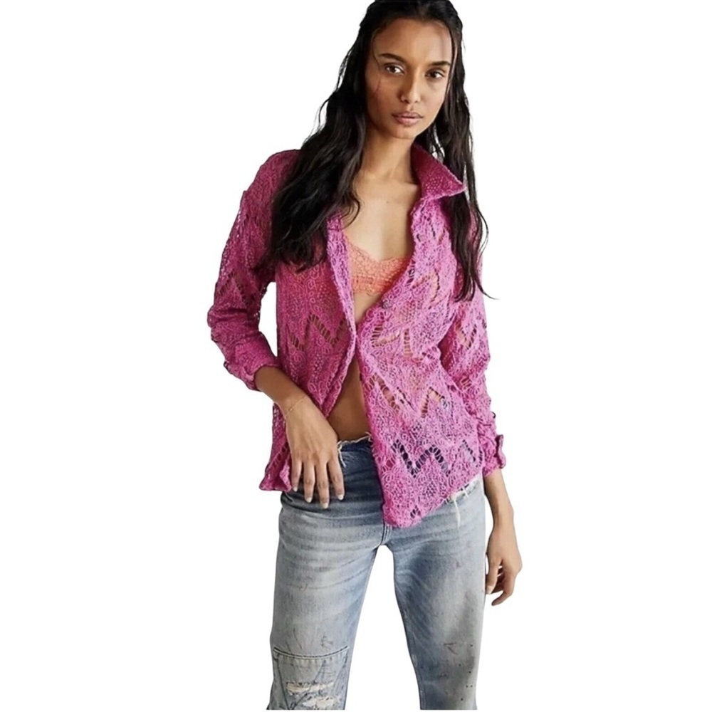 Free People Until Sunday Crochet Button Up Shirt Size S Pink